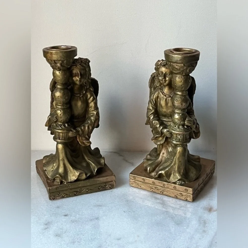 Classics Pair Vintage Angels Carved Candlestick Holders